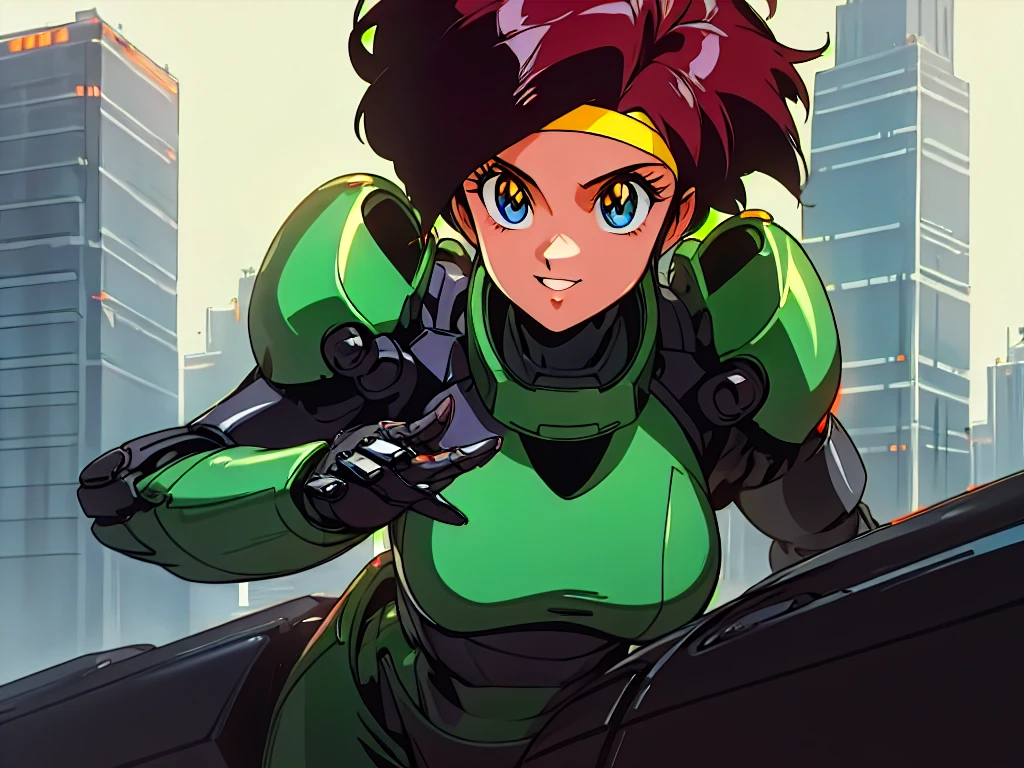 In a neon-drenched cyberpunk landscape, 20-year-old anime beauty Linna soars across the city's towering skyscrapers. With her striking features and crow's feather-colored hair framed by lightning, she's an imposing presence. Her piercing gaze and confident smile shine through her light green metal hard suit with bright orange lines, inspired by Syd Mead's industrial machine designs. In extreme close-up, her kind eyes sparkle beneath a yellow bandana wrapped around her forehead. As raindrops slam down, Linna's high-speed running in the backlight makes her look cool and stylish.