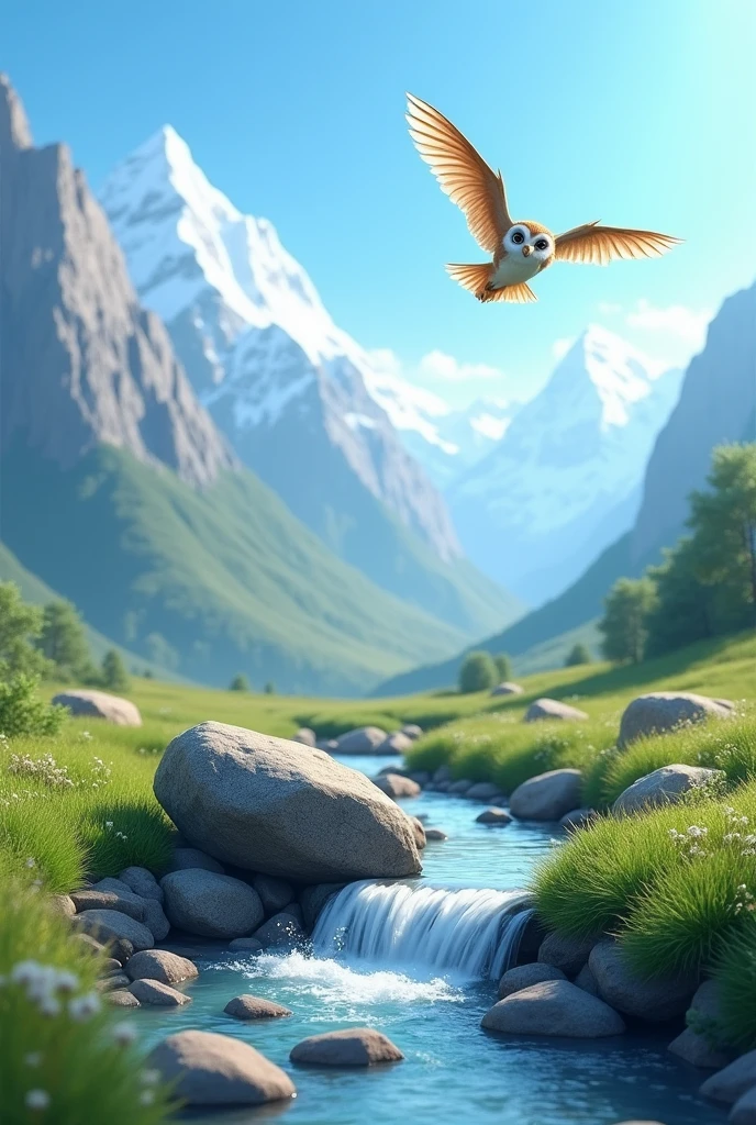 An small owl flying over a mountain. Below is a stream. A rock in the middle is blocking the flow of water.