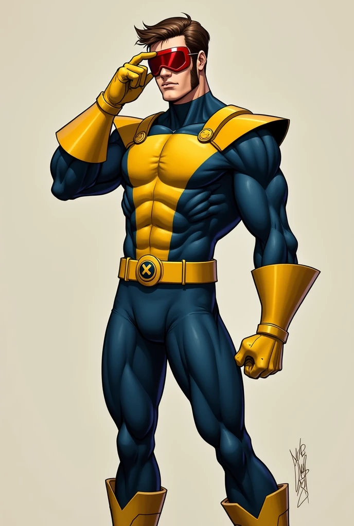 Cyclops, X-Men, age 25-35, white male, short brown hair, clean-shaven, wearing a red, high-tech visor, superhero half mask, dark blue spandex bodysuit with yellow accents, yellow strap on left shoulder connects to ultility belt with X-Men symbol, yellow gloves and boots, standing with feet shoulder-width apart, right hand touching his visor.