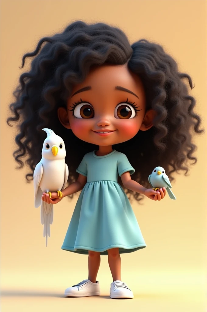 Create a 3D poster in the style of Disney PIXAR. 5 year old girl, light skin, big long black curly hair, brown eyes and smiles. light blue dress, white shoes, holding in hand a white cockatiel and a small bird from the species chamin blue(all this in Disney PIXAR 3D style, cartoon style, POP market, soft lighting, smooth lines, spring tilt, detailed PIXAR 3D illustrations, hyper-realistic details, warm colors in Disney PIXAR style ...