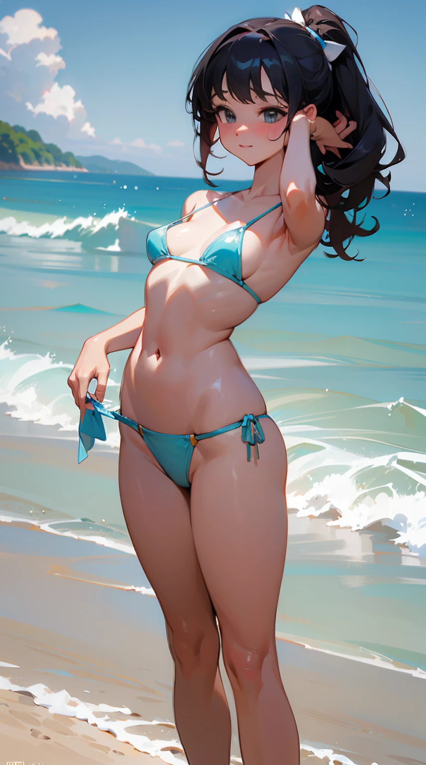 Tantalizing beach scene ((sensual and carefree)), sun-kissed skin glowing under the warm sun, (masterpiece, photorealistic), eyes filled with playful mischief, (1 woman, solo, fit and curvy, radiant and alluring), wind-blown hair cascading down her back, (tiny bikini, barely covering her curves, sun-kissed skin glistening), standing at the water's edge, (perspective from the sand, as if watching her approach), playful and inviting, (one hand brushing back her hair, the other trailing through the water, hips swaying), radiating warmth and allure, (tropical beach, clear blue water, gentle waves lapping at her feet), Background: A paradise setting filled with light and warmth, the sound of the ocean in the background, a moment of pure, unfiltered desire, carefree, playful, and impossible to resist.

