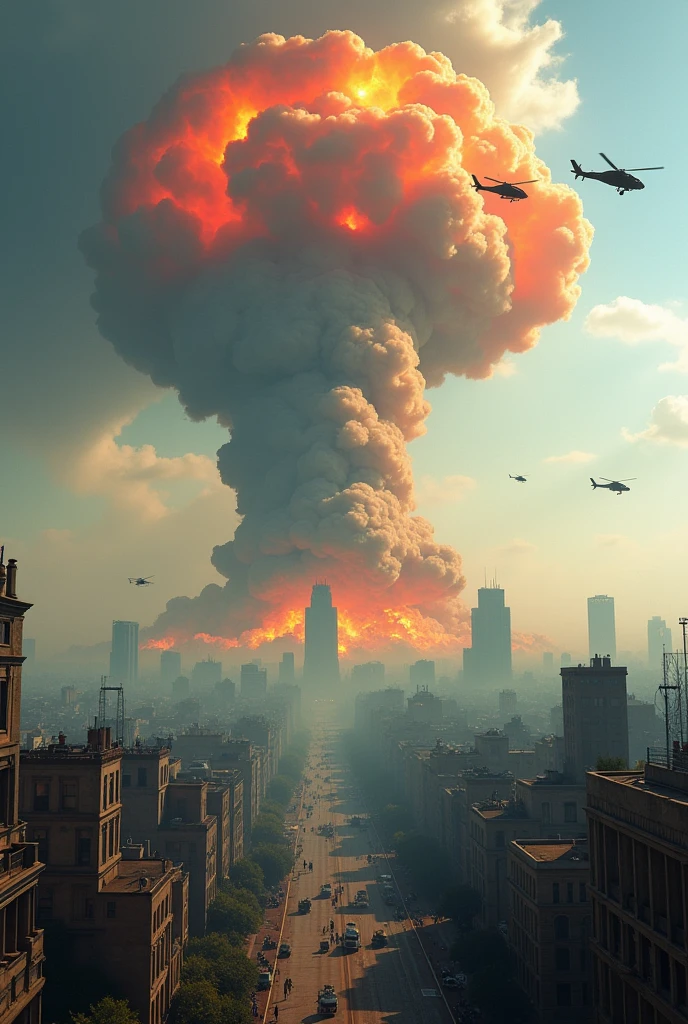 Huge bomb, towering over a valley of buildings, the military evacuating people, News Corp helicopters flying over,