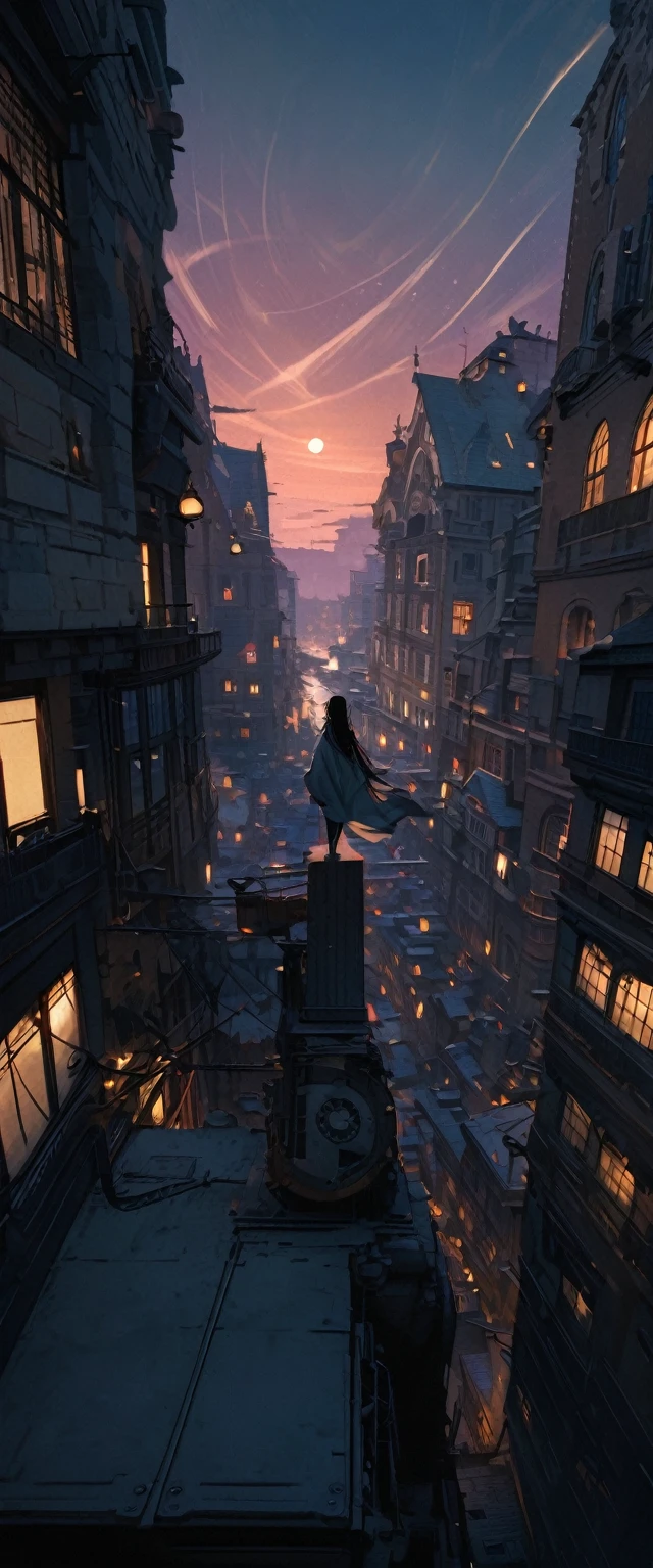 Highest quality, Super Fine, 16K, Incredibly absurd, Very detailed,On top of a building, Gazing into the distance, Wear a loose long T-shirt, Captivating look, Wind, Wind-effect, moonlit nightscape, (Nice views:1.1) , Looking down on the clockpunk town