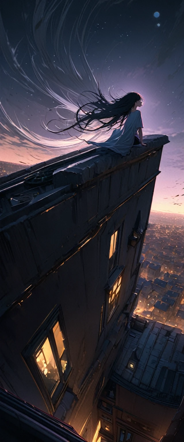 Highest quality, Super Fine, 16K, Incredibly absurd, Very detailed,On top of a building, Gazing into the distance, Wear a loose long T-shirt, Captivating look, Wind, Wind-effect, moonlit nightscape, (Nice views:1.1) , Looking down on the clockpunk town