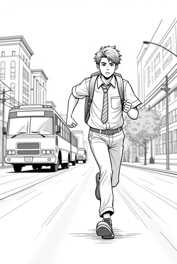 A highschool boy running after the bus from behind because he's late,wearing a school uniform,line art,side view