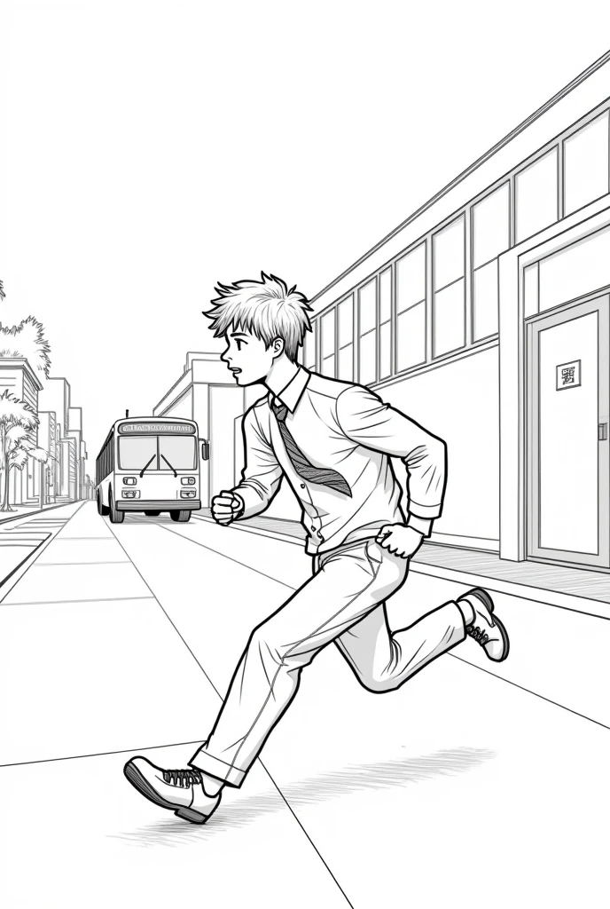 A highschool boy running after the bus from behind because he's late,wearing a school uniform,line art,side view
