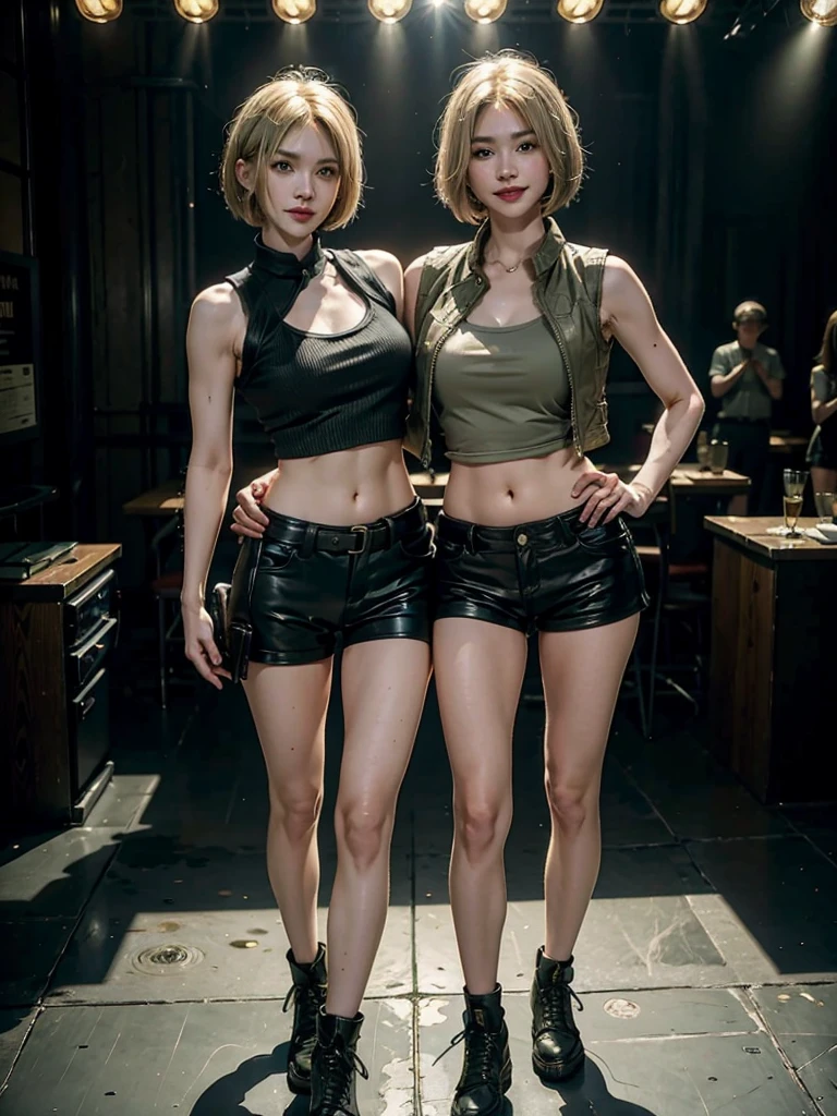 Wearing a belly-baring vest,Army Green Vest Jacket,Army green shorts,Blond girl in black ladies leather shoes,bob cut,Close-up of a handgun in hand,Turn your back to the audience,Smiling emoticon