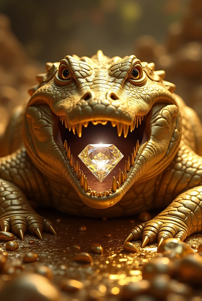 Photorealism , a Crocodile opening it's mouth showing a shiny diamond , this must be a solid gold statue ,a gold treasure