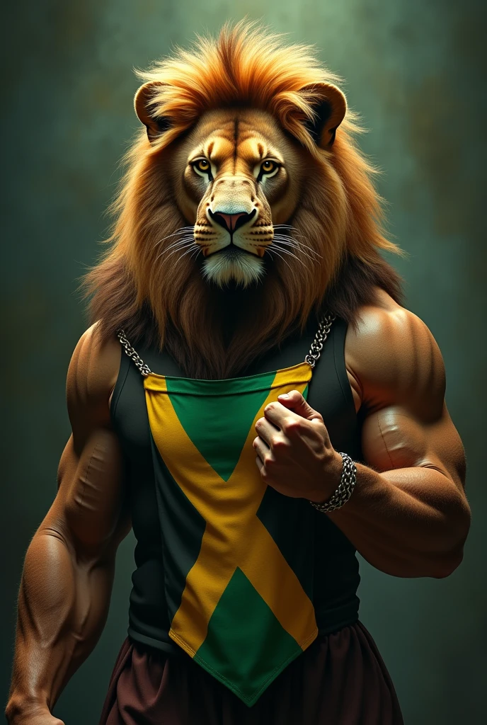a jah lion,lion holding a jamaican flag necklace,detailed realistic portrait,digital painting,highly detailed,8k,photorealistic,dramatic lighting,cinematic,vibrant colors,intense expression,muscular body,long mane,photorealistic fur texture,dynamic pose,majestic,powerful,heroic,epic,dramatic,cinematic lighting,dramatic shadows,intense atmosphere,hyper realistic,exquisite details,sharp focus,vivid colors,3d render