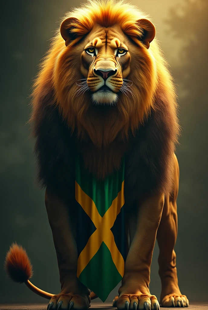 a jah lion,lion holding a jamaican flag necklace,detailed realistic portrait,digital painting,highly detailed,8k,photorealistic,dramatic lighting,cinematic,vibrant colors,intense expression,muscular body,long mane,photorealistic fur texture,dynamic pose,majestic,powerful,heroic,epic,dramatic,cinematic lighting,dramatic shadows,intense atmosphere,hyper realistic,exquisite details,sharp focus,vivid colors,3d render
