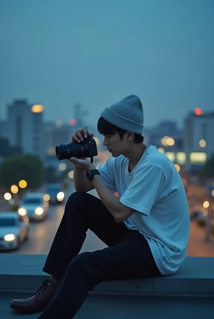 This image contains、A Japanese adult man sitting on a rooftop at dusk or at night、The cityscape in the background is shown.。The person is、His face was obscured by his light grey beanie hat.、A loose white T-shirt 、He is wearing casual clothes, including black pants.。Her head is tilted downwards and her expression is unclear.。He was concentrating on adjusting the camera he was holding.、Looks like they're getting ready to take a photo。The scene is cool and calm in color.、The lighting casts a blue hue over the rooftop area.、The city below is lit by warm yellow light from the buildings and cars in the parking lot.。The overall atmosphere is、It conveys a sense of quiet concentration and urban exploration.。