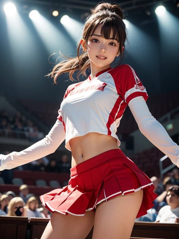 One girl, , Dancing, Small breasts, Slim legs, Cheerleader uniforms, skirt, White Cheer Gloves, stomach, Tilt your head, Arm open, from the front, ((masterpiece)), ((Highly detailed face)), Highest quality, Surreal, High resolution, Intricate details,(Beautiful and delicate eyes and lips), (The best shadows. Very delicate and beautiful.), Beautiful white skin, smile, Open your mouth, Ponytail Brown Hair, bangs, Floating Hair, Good ray, Cowboy Shot, court, Audience seats, Light of the sun 