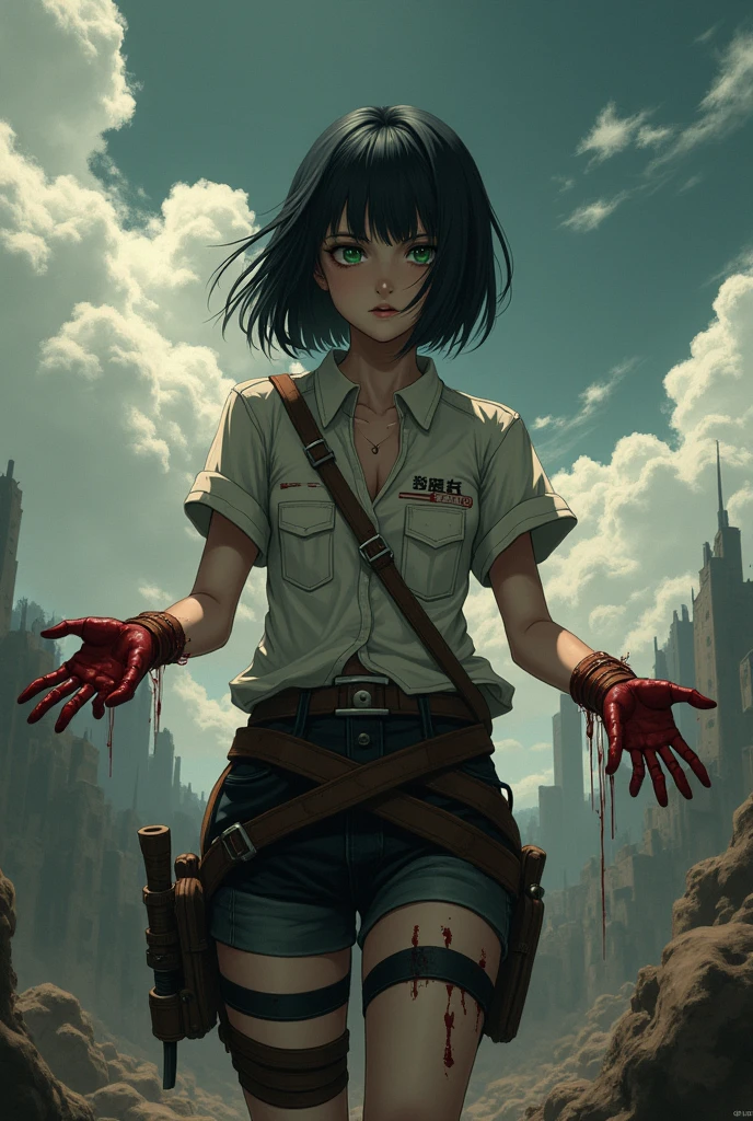 woman, full body, shoulder length black hair, hands up to the elbows in blood, green eyes, in the style of anime Attack on titan