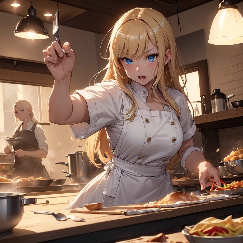 (((best quality, sharp image, clear image, cinematic lighting, 8k resolution, masterpiece, ultra detailed, intricate))) Girl dropping a pan, chef, (funny), ((clumsy)), cooking, kitchen, ((action pose)), blond hair, long hair, blue eyes, surprised expression