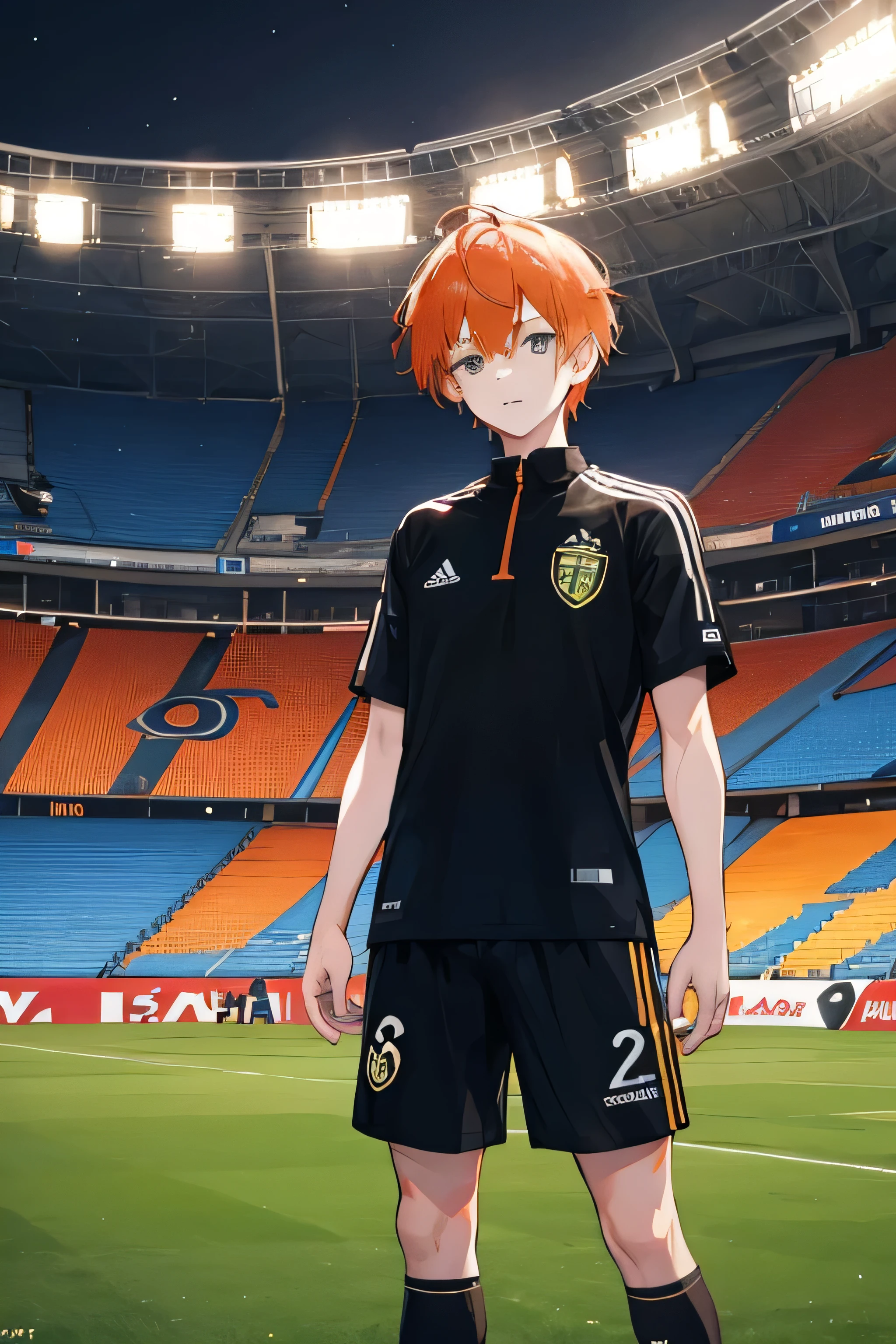 movie cover, Short orange haired boy, poor man playing a soccer game in a stadium, black uniform