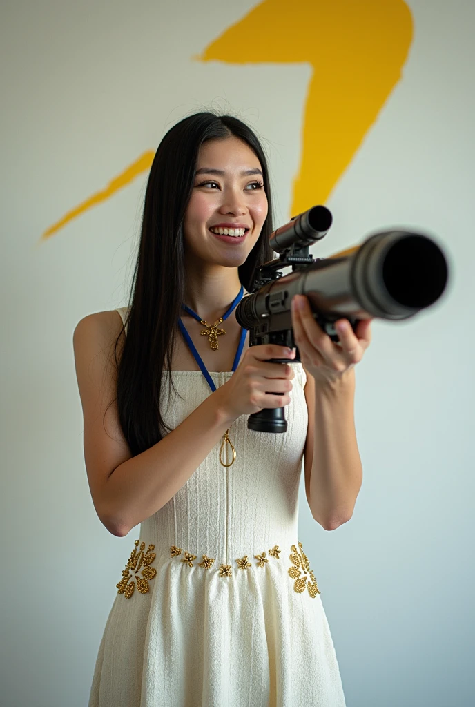 ((A brave woman who attacks with a rocket launcher that is 10 times the size of her body, 1 person)), 28 years old. Long straight black hair, slim face, very thin and fair skinned. She wears a beautiful Dior-esque white light tweed dress with gold accents. On stage for "Rocket Launcher", she wears a gorgeous dress with a blue strap around her neck and holds a ((Giant Rocket Launcher:1.3)). She smiles as she speaks to the audience. Behind her is a white wall with a yellow Sea Art logo painted on it. She has good style. Her eyes seem to have interesting and clever thoughts. Her overall vibe exudes confidence and determination as she shares her knowledge of AI technology with people from all walks of life. That's Sea Art's way of speaking. She points her ((Rocket Launcher:1.3)) at the audience.