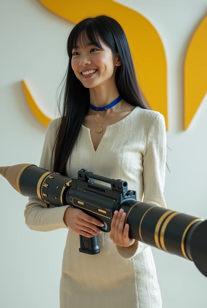 ((A brave woman who attacks with a rocket launcher that is 10 times the size of her body, 1 person)), 28 years old. Long straight black hair, slim face, very thin and fair skinned. She wears a beautiful Dior-esque white light tweed dress with gold accents. On stage for "Rocket Launcher", she wears a gorgeous dress with a blue strap around her neck and holds a ((Giant Rocket Launcher:1.3)). She smiles as she speaks to the audience. Behind her is a white wall with a yellow Sea Art logo painted on it. She has good style. Her eyes seem to have interesting and clever thoughts. Her overall vibe exudes confidence and determination as she shares her knowledge of AI technology with people from all walks of life. That's Sea Art's way of speaking. She points her ((Rocket Launcher:1.3)) at the audience.