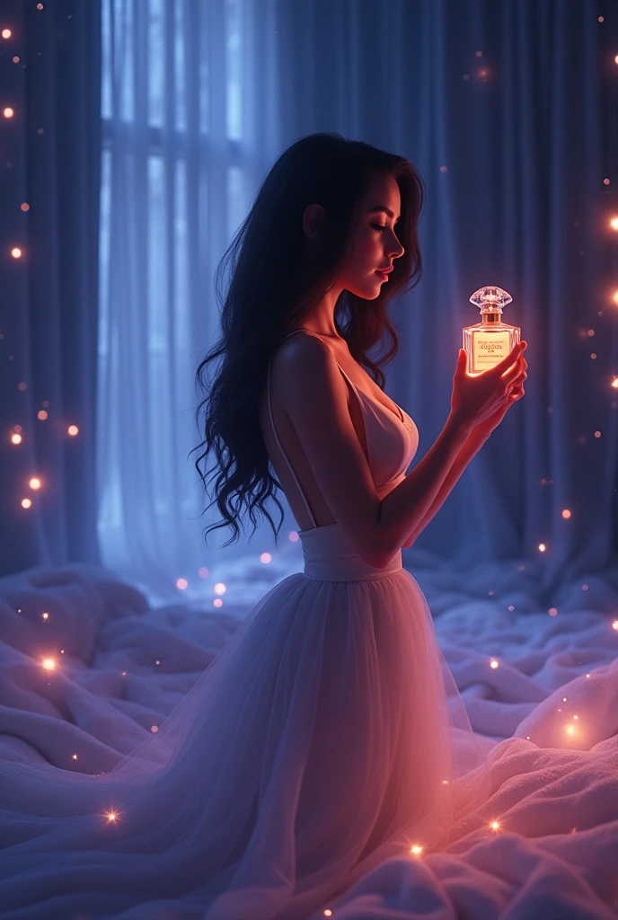 Jennifer's First Use: "A famous actress, Jennifer, in a chic, modern room, spraying the 'Shadow of Soul' perfume. The air shimmers with an enchanting, mysterious glow: animation form
