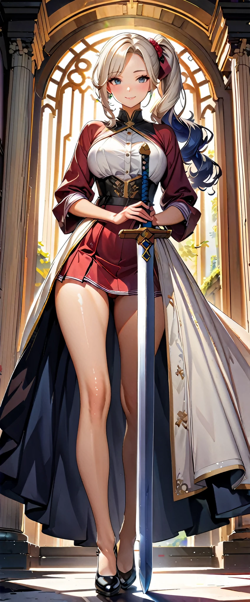 (((A woman and a large sword taller than her:1.4))), (Highest quality:1.24, Very detailed, Delicate and beautiful CG art, Detailed illustrations, Attention to detail, masterpiece:1.2, Highest quality, Best aesthetics), (((1 person, Beautiful girl illustration))), JK, Light-colored illustration, Perfect lighting, Natural light, Surrealism, Beautiful detailed hair, Beautifully detailed face, Beautiful attention to detail, Beautiful clavicle, Beautiful body, Beautiful breasts, Beautiful fingers, Glowing Skin, View your viewers, Perfect Face, Sweaty skin, Perfect Eyes, Perfect Fingers, (Long Hair, Side Ponytail), Asymmetrical bangs, (Detailed armor textures, beautiful workmanship, Silver breastplate, Red mini skirt, Red underwear), (((Focus on the Great Sword:1.4, Sword stuck in the ground))), ((Five Fingers)),