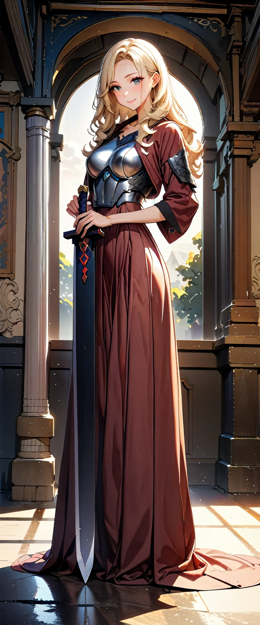 (((A woman and a large sword taller than her:1.4))), (Highest quality:1.24, Very detailed, Delicate and beautiful CG art, Detailed illustrations, Attention to detail, masterpiece:1.2, Highest quality, Best aesthetics), (((1 person, Beautiful girl illustration))), JK, Light-colored illustration, Perfect lighting, Natural light, Surrealism, Beautiful detailed hair, Beautifully detailed face, Beautiful attention to detail, Beautiful clavicle, Beautiful body, Beautiful breasts, Beautiful fingers, Glowing Skin, View your viewers, Perfect Face, Sweaty skin, Perfect Eyes, Perfect Fingers, (Long Hair, Side Ponytail), Asymmetrical bangs, (Detailed armor textures, beautiful workmanship, Silver breastplate, Red mini skirt, Red underwear), (((Focus on the Great Sword:1.4, Sword stuck in the ground))), ((Five Fingers)),