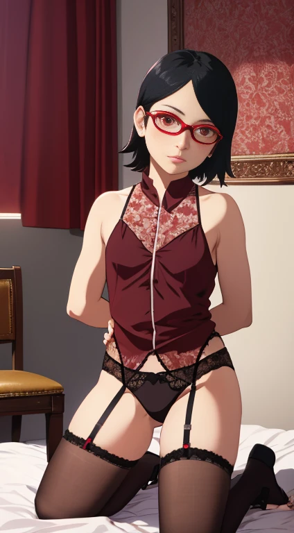 1girl, solo, black hair, short hair, Red eyes, frameless glasses. Arms behind back, indoors, kneeling on bed, floral lingerie, see-through silhouette, , , (masterpiece,best quality:1.2),absurdres