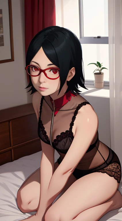 1girl, solo, black hair, short hair, Red eyes, frameless glasses. Arms behind back, indoors, kneeling on bed, floral lingerie, see-through silhouette, , , (masterpiece,best quality:1.2),absurdres