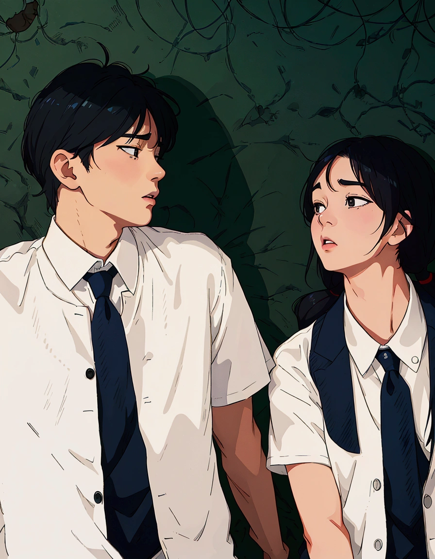 (best quality:0.8) perfect anime illustration, there are two people standing next to each other wearing ties, jk uniform, still from a live action movie, promotional still, scene from live action movie, promo still, still from a movie, kim doyoung, movie promotional image, still from the movie, promotional movie still, taejune kim, wearing school uniform, ulzzang, daoshi, official