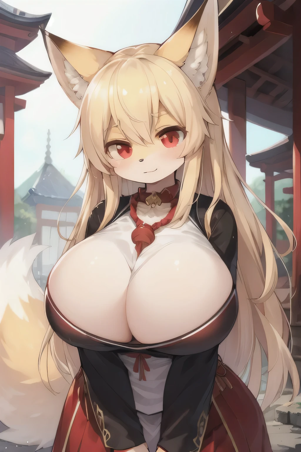 Highest quality、Big Breasts、Fox ears、Long blonde、Red Eye、shrine