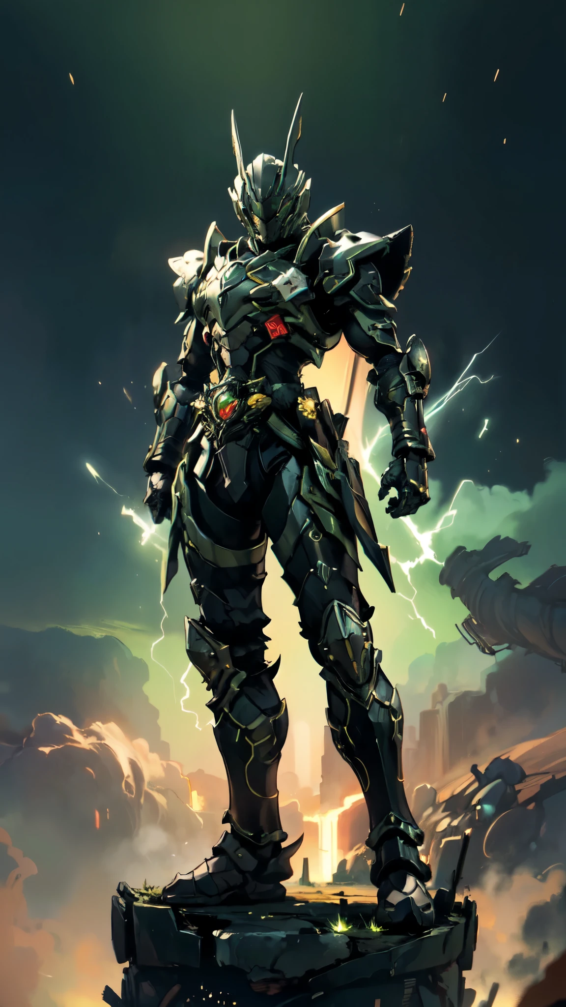 (masterpiece:1.5, best quality:1.5, extremely delicate:1.5), a man wearing a full-face helmet, a fantasy-style biotech armored combat suit, green eyes, (a composite layered chest armor), fully enclosed shoulder guards, matching arm and leg guards, belt of Neon circuit, (the color scheme is primarily black with green and red accents), the design balances heavy with agility, a high-tech bio-mecha armor, (Armor Concept Inspired by Kamen Rider, stand on the top of a skyscraper in a futuristic sci-fi city), this character embodies a finely crafted fantasy-surreal style armored hero in anime style, exquisite and mature manga art style, (element, plasma, energy, the armor glows), ((male:1.5)), metallic, high definition, highres, ultra-detailed, ultra-fine painting, professional, perfect body proportions, golden ratio, anatomically correct, symmetrical face, extremely detailed eyes and face, high quality eyes, creativity, RAW photo, UHD, 32k, Natural light, cinematic lighting, masterpiece-anatomy-perfect