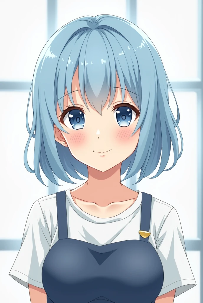 Light blue hair, light blue eyes, woman, smooth, short bob, naked, big breasts, smiling, small face, Japanese, anime style, hair on forehead, no makeup, high school girl, full view, front, excellent style