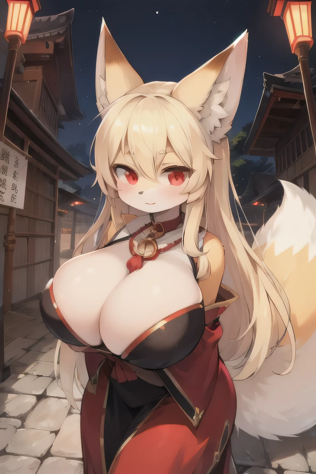 Highest quality、Big Breasts、Fox ears、Long blonde、Red Eye、shrine