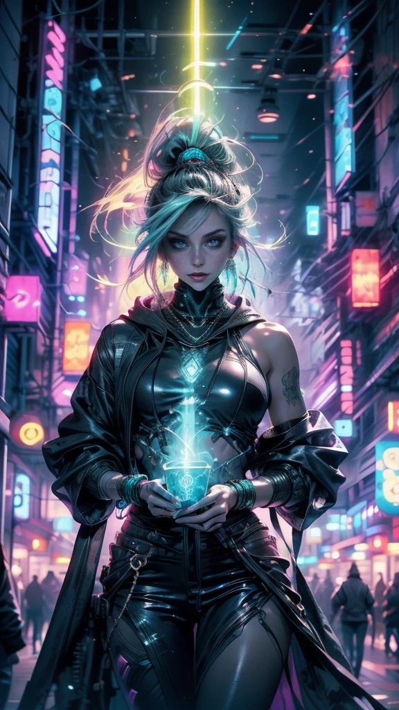 In the heart of the cyberpunk universe a young beautiful woman with glowing neon green middle hair, oversize hoodie with phosphorescent lines, Energy rays emanated from her body. in a cyberpunk night city, creates a underground criminal movie atmosphere, futuristic buildings adorn every corner of the city in night. dynamic angle, capturing the intensity of the moment, fine quality cyan eyes, intense cyan eyes, looking at the camera, ultra detailed, Beautiful and aesthetically pleasing, masterpiece, Best quality score, Extremely detailed, dynamic angle, raytraced, middle body, close up, energy particles, cyberpunk hoddie, headphones around the neck, oversize hoodie with phosphorescent lines, Urban jewelry. anime style