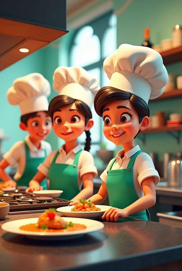 4 animated cooks in a kitchen two are men named Mateo and Jacky and the other two are women named Lauren and Macarena. They are in a lively kitchen wearing a mint green apron