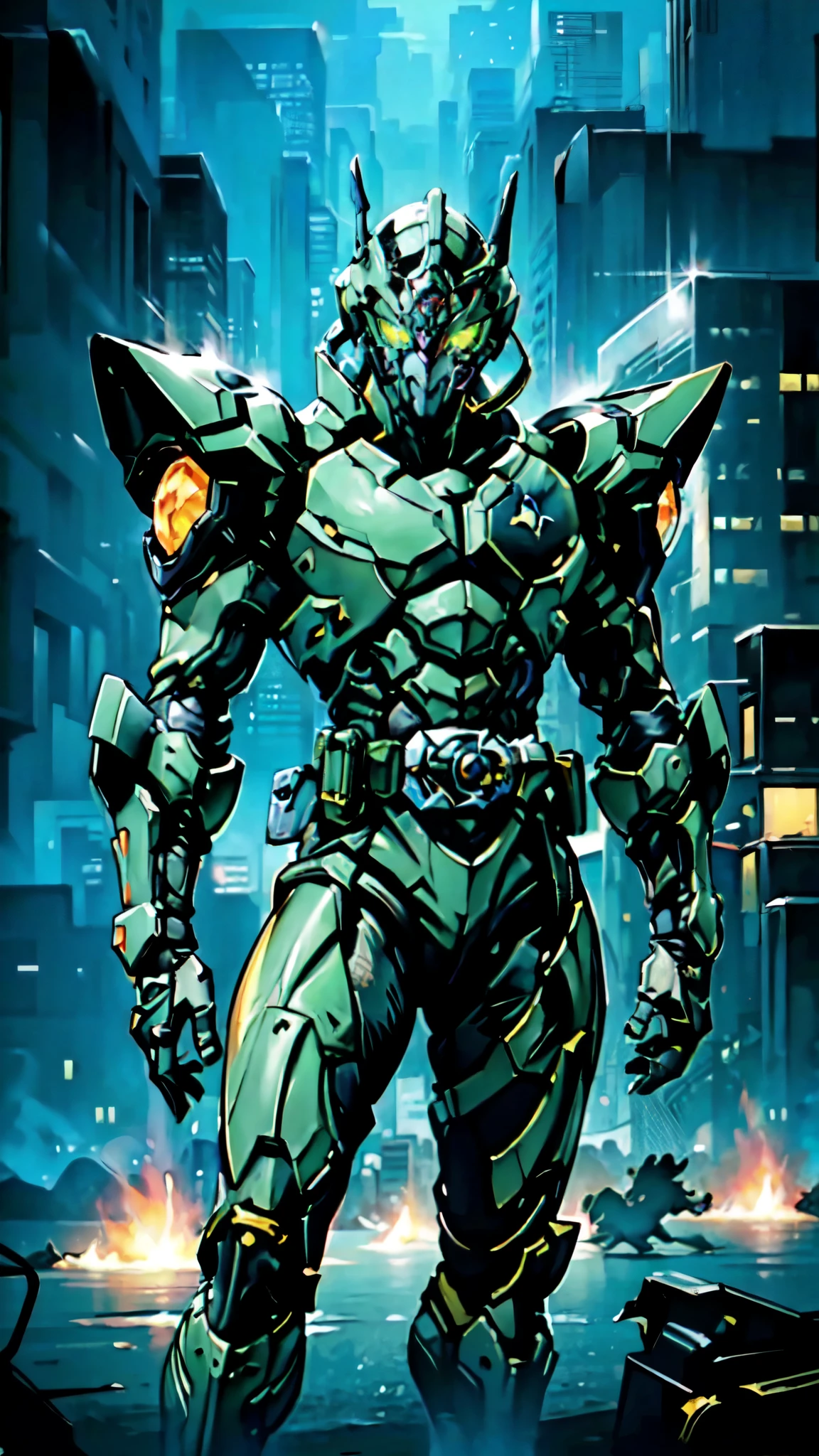 (masterpiece:1.5, best quality:1.5, extremely delicate:1.5), a man wearing a full-face helmet, a fantasy-style biotech armored combat suit, green eyes, (a composite layered chest armor), fully enclosed shoulder guards, matching arm and leg guards, belt of Neon circuit, (the color scheme is primarily black with green and red accents), the design balances heavy with agility, a high-tech bio-mecha armor, (Armor Concept Inspired by Kamen Rider, stand on the top of a skyscraper in a futuristic sci-fi city), this character embodies a finely crafted fantasy-surreal style armored hero in anime style, exquisite and mature manga art style, (element, plasma, energy, the armor glows), ((male:1.5)), metallic, high definition, highres, ultra-detailed, ultra-fine painting, professional, perfect body proportions, golden ratio, anatomically correct, symmetrical face, extremely detailed eyes and face, high quality eyes, creativity, RAW photo, UHD, 32k, Natural light, cinematic lighting, masterpiece-anatomy-perfect