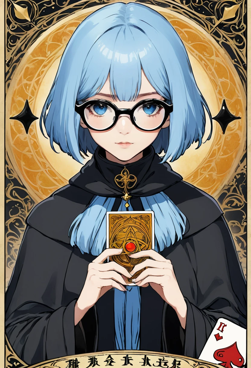 card,tarot card,A mysterious hooded fortune teller,Black-rimmed glasses,cardが舞う演出、Light blue hair、Tarot reading、Dark Style、Black Suit、Short Bob