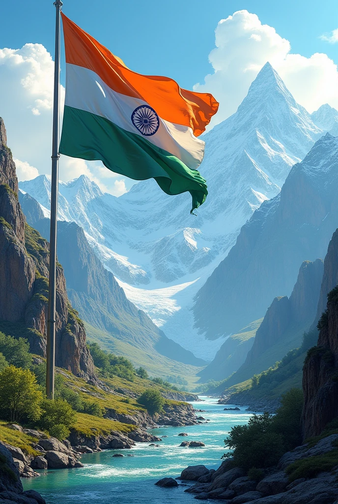 Selut The Indian Flag Background is Fully Mounten Area also A small River in the side