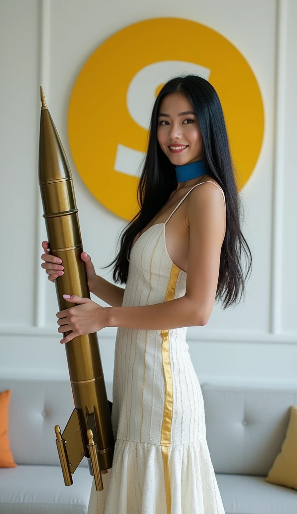 ((A brave woman who attacks with a rocket launcher that is 10 times the size of her body, 1 person)), 28 years old. Long straight black hair, slim face, very thin and fair skinned. She wears a beautiful Dior-esque white light tweed dress with gold accents. On stage for "Rocket Launcher", she wears a gorgeous dress with a blue strap around her neck and holds a ((Giant Rocket Launcher:1.3)). She smiles as she speaks to the audience. Behind her is a white wall with a yellow Sea Art logo painted on it. She has good style. Her eyes seem to have interesting and clever thoughts. Her overall vibe exudes confidence and determination as she shares her knowledge of AI technology with people from all walks of life. That's Sea Art's way of speaking. She points her ((Rocket Launcher:1.3)) at the audience.