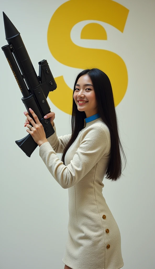 ((A brave woman who attacks with a rocket launcher that is 10 times the size of her body, 1 person)), 28 years old. Long straight black hair, slim face, very thin and fair skinned. She wears a beautiful Dior-esque white light tweed dress with gold accents. On stage for "Rocket Launcher", she wears a gorgeous dress with a blue strap around her neck and holds a ((Giant Rocket Launcher:1.3)). She smiles as she speaks to the audience. Behind her is a white wall with a yellow Sea Art logo painted on it. She has good style. Her eyes seem to have interesting and clever thoughts. Her overall vibe exudes confidence and determination as she shares her knowledge of AI technology with people from all walks of life. That's Sea Art's way of speaking. She points her ((Rocket Launcher:1.3)) at the audience.
