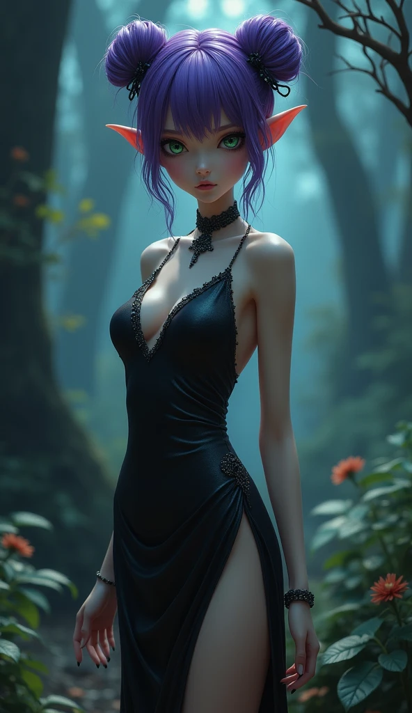 very young slim fit girl, (full body shot:1.5), shy smile, un, (purple hair:1.3), (two sides up:1.4), short hair, (big green eyes:1.3), perfect eyes, accurate small nose, plump lips, (perfect huge breast:1.3), look at you, eyelashes, very long slim fit leg, narrow hips, 8k, dark witch, long tight black dress with low-cut, large slit, (pointed ears), nipples trough clothes, night forest, jewelry, hands, slender girl, narrow hips, pelvic_curtain dress
