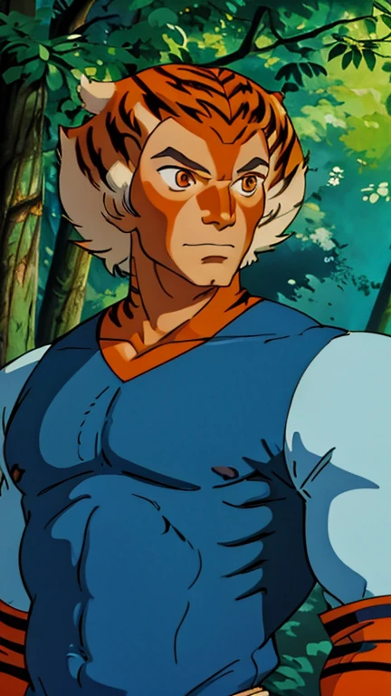 (1man, tygra), (extremely detailed CG unit 8k wallpaper),(master part), (best quality), (ultra detail), (best illustration),(melhor ombre), cowboy shot, (Sharp eyeliner, ombre, detailed eyes:1), Woods, outdoor background,break , (ghibli style), upper body, two-tone hair, orange eyes, tiger stripes, orange skin, multicolored bodysuit, thundercats print, long sleeves, sfw