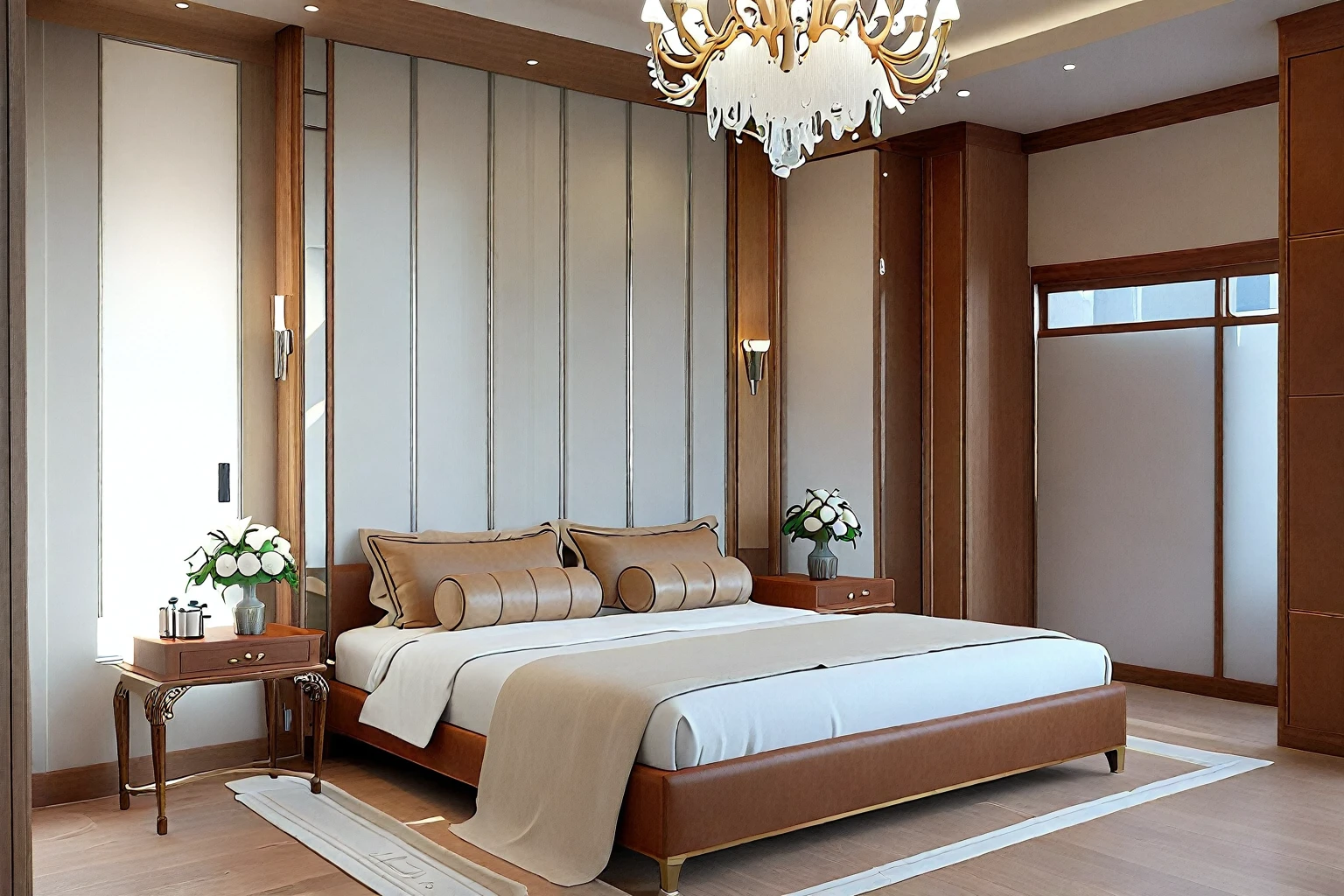 RAW photo, masterpiece, a view of a ( BEDroom :1.3) with a couch, chairs, and a chandelier, highly detailed interior, neo - classical style, neoclassical style, neoclassicism style, interior architect architectural visualization, neoclassical style, in style of classicism, white light sun, rendered in vray, rendered in v-ray, rendered in unreal engine 3d, (photorealistic:1.2), (photorealistic:1.5), best quality, ultra high res, architechture, (leather sofa detail:1.5), neoclassic house, (detailed railing neoclassic:1.5), luxury neoclassical villa, (mable floor details:1.5), (detailed neoclassical carpet:1.5), in the style of neoclassical scene, glass windows, best quality, (Intricate lines:1.5), ((Photorealism:1.5)),(((hyper detail:1.5))), archdaily, award winning design, (dynamic light:1.3), (day light:1.2), (perfect light:1.3), (shimering light :1.4), refection glass windows, (curved line architecture arch:1.2), photorealistic, FKAA, TXAA, RTX, SSAO, Post Processing, Post-Production, CGI, VFX, SFX, Full color,((Unreal Engine 5)), Canon EOS R5 Camera + Lens RF 45MP full-frame CMOS sensor, HDR, Realistic, Cinematic intricate detail, extreme detail, science, hyper-detail, FKAA, super detail, super realistic, crazy detail, intricate detail, nice color grading, reflected light on glass, eye-catching wall lights, unreal engine 5, octane render, cinematic, trending on artstation, High-fidelity, Viwvid, Crisp, Sharp, Bright, Stunning, ((Lifelike)), Natural, ((Eye-catching)), Illuminating, Flawless, High-quality,Sharp edge rendering, medium soft lighting, photographic render, detailed archviz, ((( Pachyloba, Doussie, Afzelia wooden : 1.7 ))),((( organe wooden : 2.5 )))