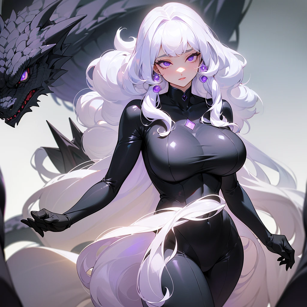 ((ultra quality)), ((masterpiece)), ((Angelic beauty woman)), ((long white curly hair)), ((White hair)), ((fluffy white hair)), ((curly hair)), (beautiful face), (beautiful thick lips), Enchanting ((Calm facial expression)), looks at the camera with a slight smile, (White skin color), (White skin), glow on the body, ((detailed eyes)), ((Petting a huge black dragon)), ((violet eyes)), (juicy female lips), (dark eyeliner), (beautiful female hands), ((thick body)), ideal female body, ((black suit)), beautiful waist, beautiful big hips, big breasts, thick thighs, ((threatening and beautiful)) (), ((depth of field)), ((high quality clear image)), (delete details), ((High detail)), ((clear focus))
