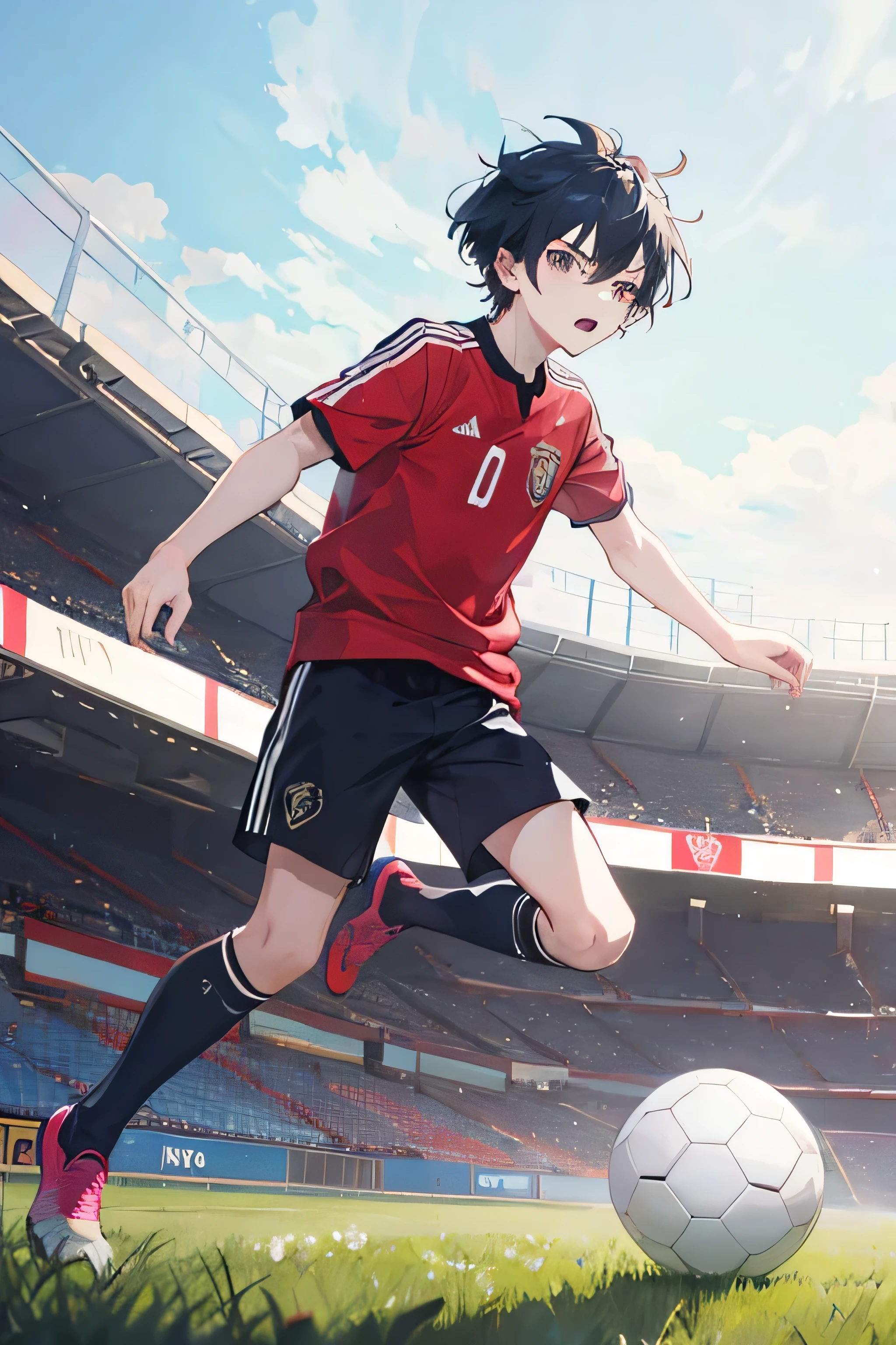 Poor anime boy playing soccer with old ball