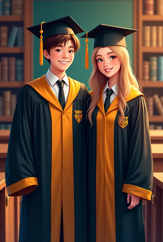 Illustration of a male and female student wearing a black and gold graduation gown and wearing the Mystwenty Academy of Magic logo on their clothes and smiling when photographed with a classroom background.