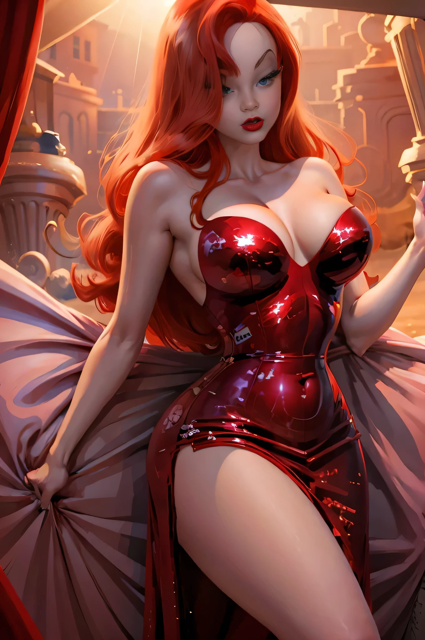 Jessica rabbit beautiful sexy with stockings and short red dress red hair big breasts and big hips very close to the screen her beautiful big blue eyes 