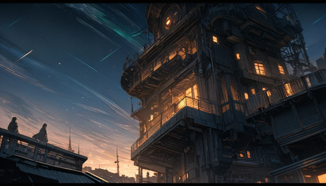 Highest quality, Super Fine, 16K, Incredibly absurd, Very detailed,On top of a building, Gazing into the distance, Wear a loose long T-shirt, Captivating look, Wind, Wind-effect, moonlit nightscape, (Nice views:1.1) , Looking down on the clockpunk town