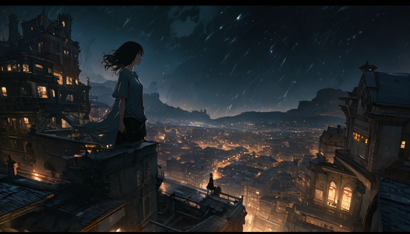 Highest quality, Super Fine, 16K, Incredibly absurd, Very detailed,On top of a building, Gazing into the distance, Wear a loose long T-shirt, Captivating look, Wind, Wind-effect, moonlit nightscape, (Nice views:1.1) , Looking down on the clockpunk town