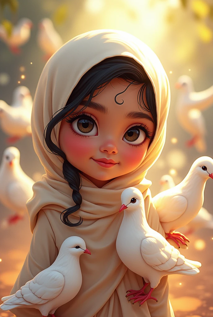 Drawing vector style ,a cute age South Indian Muslim Girl, she is wearing Hijab conering her hair,one curly hair is visible, age 6, adorable 6 white Pejions surround him, beautiful detailed eyes, beautiful detailed lips, extremely detailed eyes and face, long eyelashes, cute and adorable expression, beautiful young girl, soft lighting, warm color tones, (best quality,4k,8k,highres,masterpiece:1.2),ultra-detailed,(realistic,photorealistic,photo-realistic:1.37),colorful, vibrant, adorable, cute, Cubs highly detailed, intricate, whimsical, magical, fantasy, soft focus, dreamy, warm lighting, oil painting