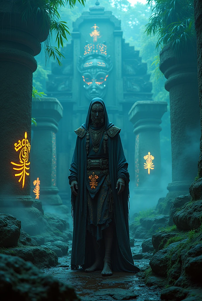 A high-resolution brightly lit photorealistic photograph of a tech wear  shaman wearing shamanic ornaments and face mask with criptic signs glowing on the fabric  standing by an ancient rain forest temple ruins glowing with criptic symbols of tribals and alienish paterns on the tree trunks glowing in uv colours  smog and misty fog in the atmosphere broken ruins of ancient goddess skulptor glowing in uv colours  The photograph is styled like a high-end lifestle Movie hdr32 k   this orignal image octate render unreal lightings, highly detailed , photo realistic , unreal engine 5,  depth of view, add noise, Effet de vent：1.9，Effets de nuage：1.2，Rendu complet，Encaustic painting,flammes, epic, dawn,  dramatic lighting, dim light, bokeh,  The photograph has a light bright happy feel. Use a high-resolution 16k camera with a 2:3 aspect ratio, a raw style, and a quality setting of 2 to capture this vibrant scene
. 32k, full ultra hd, high resolution, photorealistic, natural lighting, ultra realistic photo, high quality, HDR, high resolution, smooth and delicate skin, noble and elegant, ultra-realistic photography vibe, shot with Canon camera, intricate details, 32k --ar 16:9 --s 750 --v 6.1


