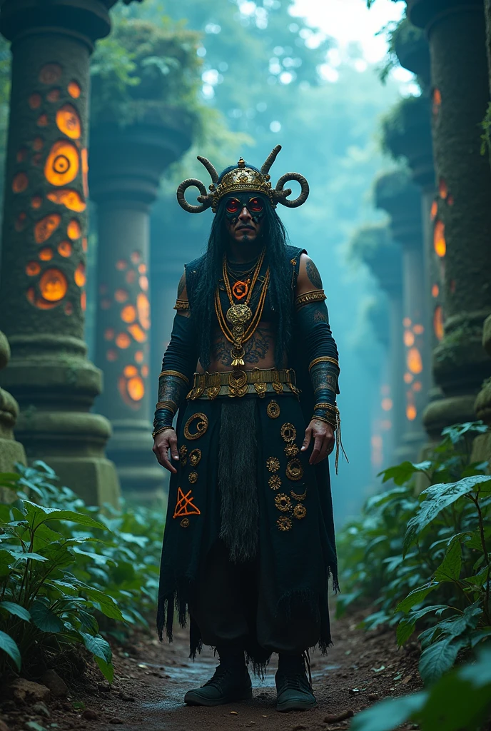 A high-resolution brightly lit photorealistic photograph of a tech wear shaman wearing shamanic ornaments and face mask with criptic signs glowing on the fabric standing by an ancient rain forest temple ruins glowing with criptic symbols of tribals and alienish paterns on the tree trunks glowing in uv colours smog and misty fog in the atmosphere broken ruins of ancient goddess skulptor glowing in uv colours The photograph is styled like a high-end lifestle Movie hdr32 k this orignal image octate render unreal lightings, highly detailed , photo realistic , unreal engine 5, depth of view, add noise, Effet de vent:1.9,Effets de nuage:1.2,Rendu complet,Encaustic painting,flammes, epic, dawn, dramatic lighting, dim light, bokeh, The photograph has a light bright happy feel. Use a high-resolution 16k camera with a 2:3 aspect ratio, a raw style, and a quality setting of 2 to capture this vibrant scene
. 32k, full ultra hd, high resolution, photorealistic, natural lighting, ultra realistic photo, high quality, HDR, high resolution, smooth and delicate skin, noble and elegant, ultra-realistic photography vibe, shot with Canon camera, intricate details, 32k --ar 16:9 --s 750 --v 6.1